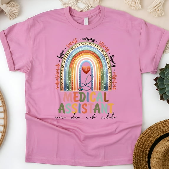 Cute Medical Assistant T-Shirt | Colorful Stethoscope Rainbow Design, Azalea, Size 3XL