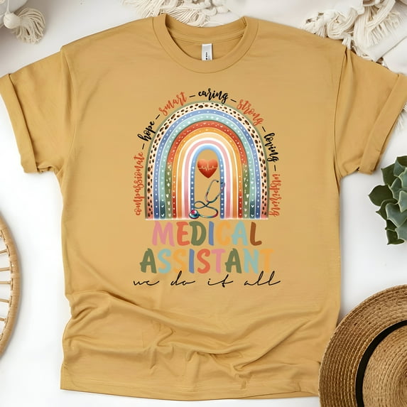Cute Medical Assistant T-Shirt | Colorful Stethoscope Rainbow Design, Gold, Size XL