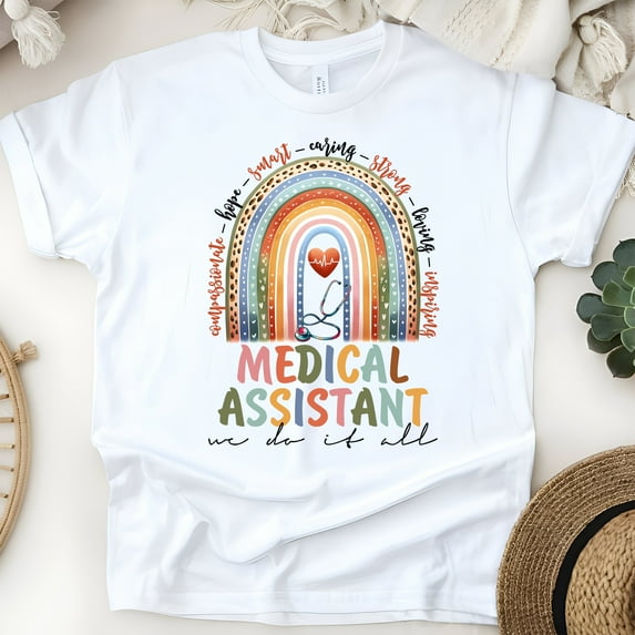 Cute Medical Assistant T-Shirt | Colorful Stethoscope Rainbow Design, White, Size S