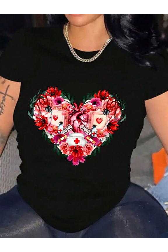 Cute Medical Heart Valentine's Day Women Nurse Graphic T-Shirt