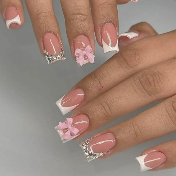 Cute Medium Press on Nails Square French Tip Fake Nails Red Full Cover False Nails with Bow Pearls Designs Glossy Glue on Nails Stick on Nails Handmade Acrylic Nails for Women Girls 24Pcs s16 24