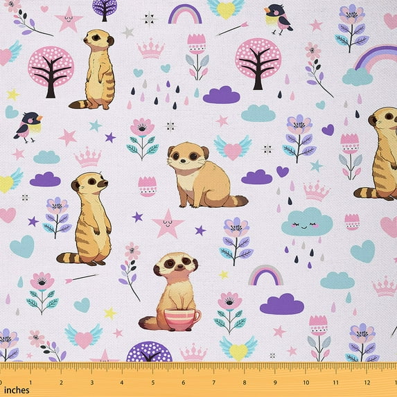 Cute Meerkat Upholstery Fabric for Kids Boys Girls,Cartoon Kawaii Animal Fabric by the Yard,Colorful Floral Flowers Decorative Fabric,Romantic Purple Pink Waterproof Diy Fabric,2 Yards