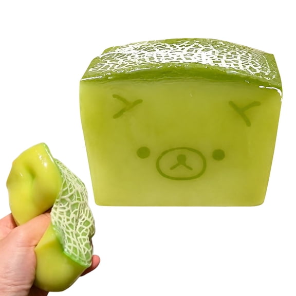 Cute Melon Bear Cube Squishy Fidget Toy, Kawaii Cartoon Bear Face Square Squeeze Toy, SlowRising FruitShaped Stress Relief Sensory Toy, Desktop Ornament Collection Gift for Kids Adults