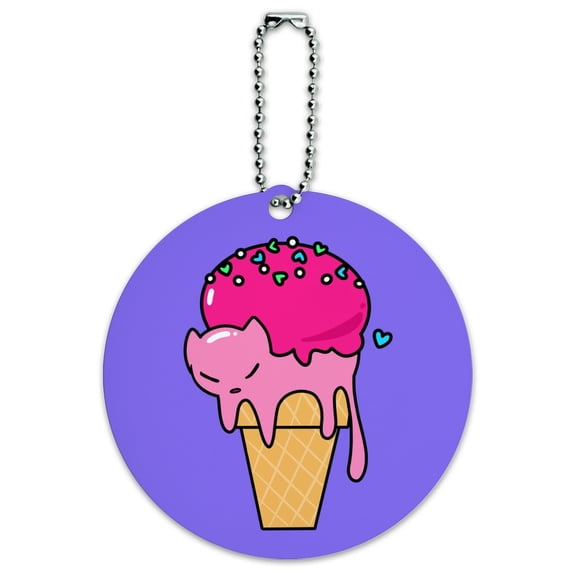 Cute Meowlting Melting Cat Ice Cream Cone Round Luggage ID Tag Card Suitcase Carry-On