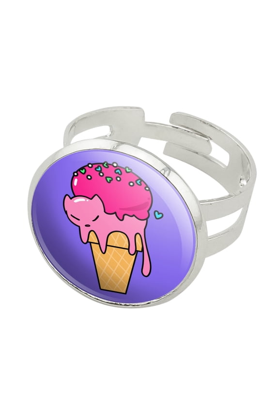 Cute Meowlting Melting Cat Ice Cream Cone Silver Plated Adjustable Novelty Ring