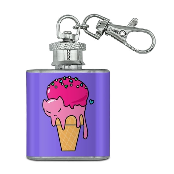 Cute Meowlting Melting Cat Ice Cream Cone Stainless Steel 1oz Mini Flask Key Chain