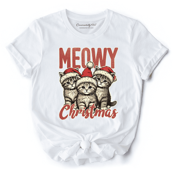 Cute Meowy Christmas T-Shirt, Baby Cat In Santa Hat Holiday Tee