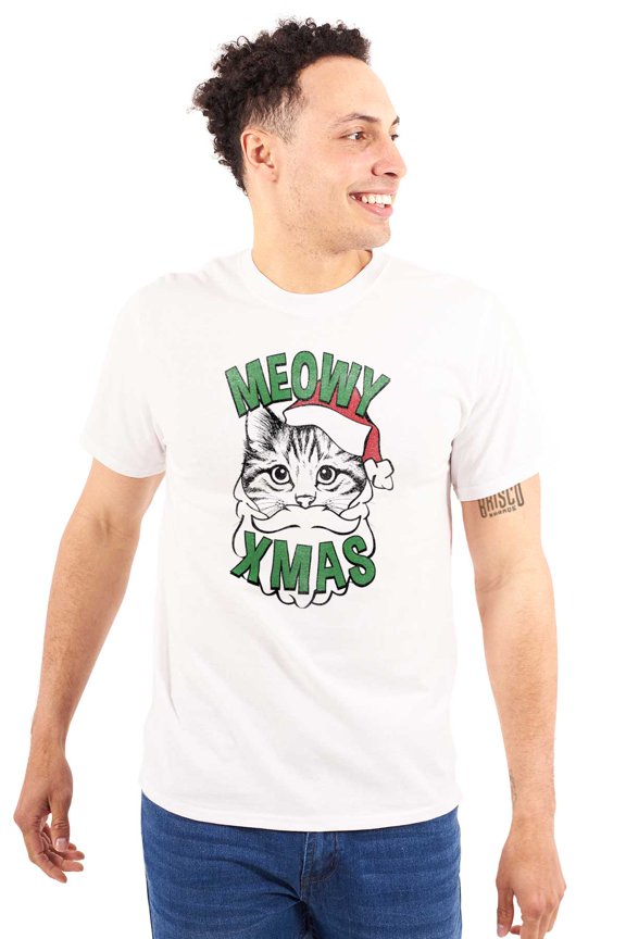 Cute Meowy Xmas Funny Santa Cat Pun Plus Size Crewneck Graphic Tee Shirt Brisco Brands 3X