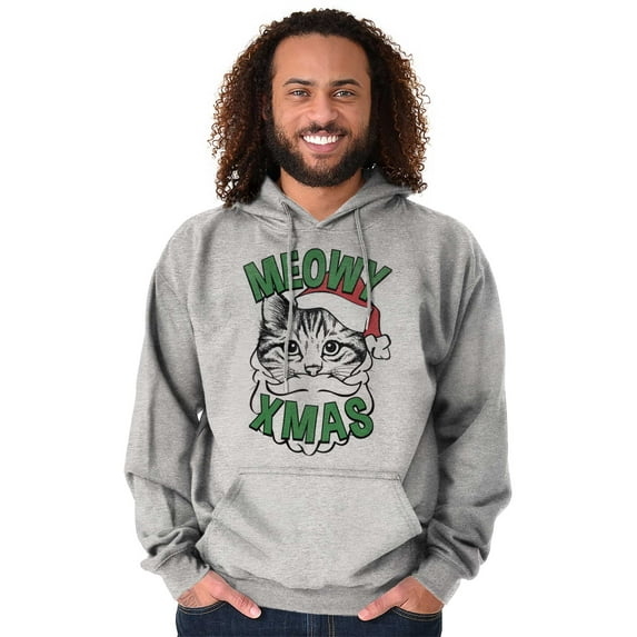 Cute Meowy Xmas Funny Santa Cat Pun Unisex Plus Fleece Graphic Hoodie Brisco Brands 5X