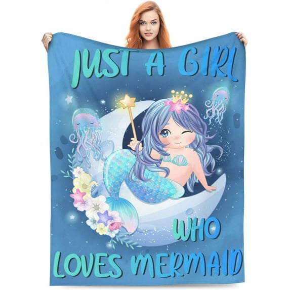 Cute Merimaid Blanket Gifts for Kid Women Just a Girl Who Loves Merimaids Throw Blankets Soft Warm Lightweight Cozy Cartoon Moon Blue Throws for Bed Living Room Sofa Couch Decor 40x50in