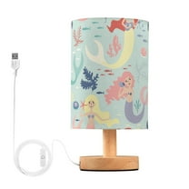 Cute Mermaid Cartoon Bedside Table Lamp LED Warm Lights with USB Charging Port Retro Cylinder Desk Lamps for Bedroom Living Room Office Coffee Bar Decoration