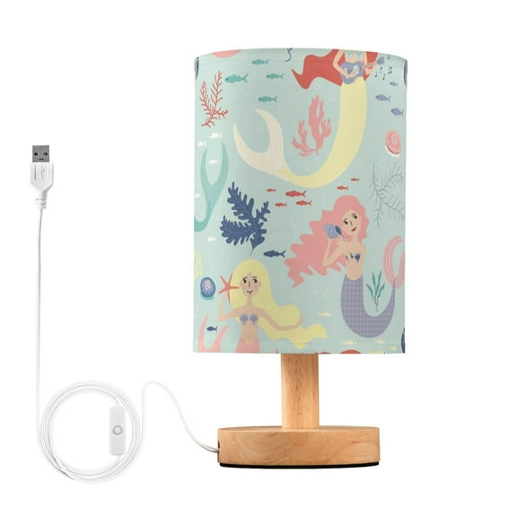Cute Mermaid Cartoon Bedside Table Lamp LED Warm Lights with USB Charging Port Retro Cylinder Desk Lamps for Bedroom Living Room Office Coffee Bar Decoration