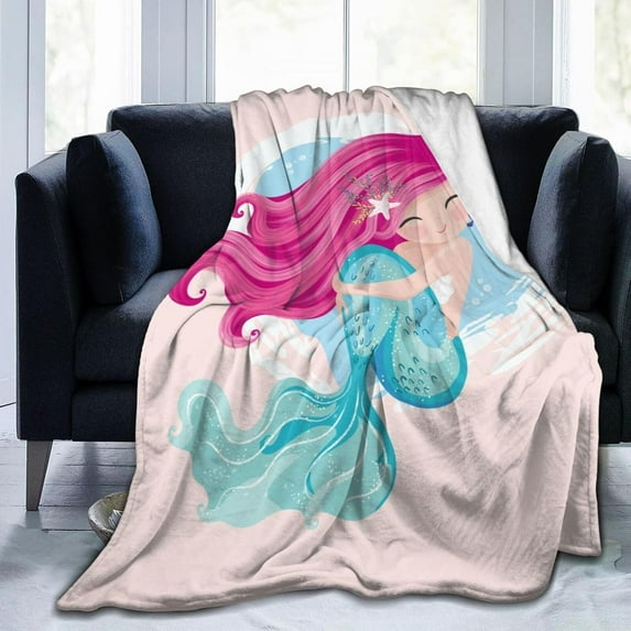 Cute Mermaid Girl Bed Blanket Ultra Soft Throw Blanket All Season Warm Light Weight Cozy Plush Blankets for Home Bedroom Sofa Chair Travel, 40"X50"
