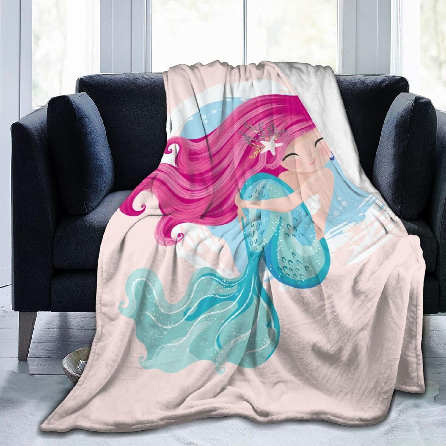 Cute Mermaid Girl Bed Blanket Ultra Soft Throw Blanket All Season Warm Light Weight Cozy Plush Blankets for Home Bedroom Sofa Chair Travel, 60"X80"