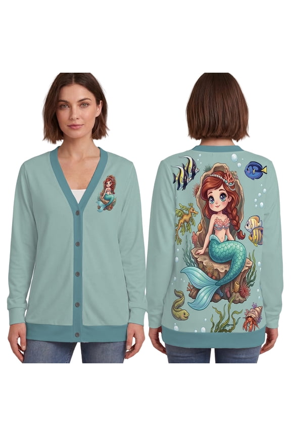 Cute Mermaid Girl Cardigan, Vintage Girl Under The Sea Knitted Cardigan, Coral Reef Fish Long Sleeve Knit Sweater