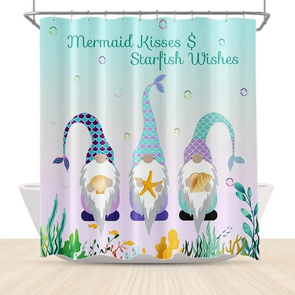 Cute Mermaid Gnomes Shower Curtains for Kids Colorful Fairy Tail Starfish Seashells in Ocean Themed Funny Bathroom Decor 72x72 Inch Polyester Fabric Decor