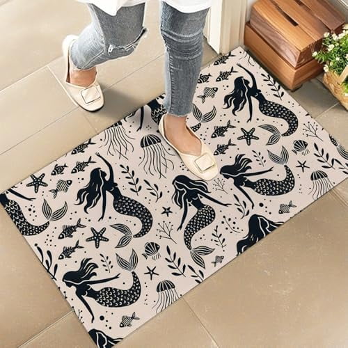 Cute Mermaid Indoor Door Mat 17x30 Inch Floor Doormat with Retro Nautical Sea Life Design,Fish Seaweed Doormats,for Porch Insider,Bedroom.