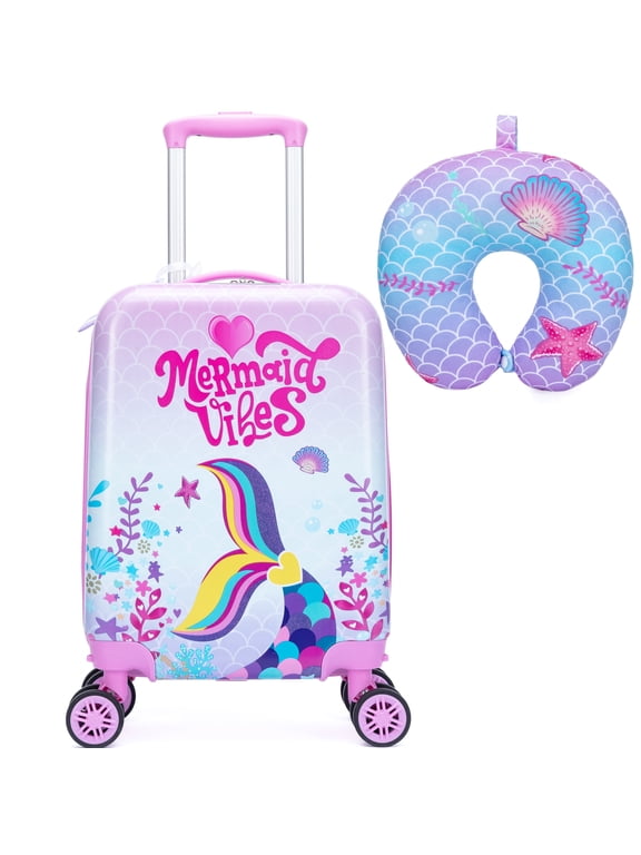 Cute Mermaid Kids Carry on Luggage Sets 2 Piece with Travel Pillow Hardshell Pink Suitcases with Wheels for Girls Toddler Travel Essential Gift
