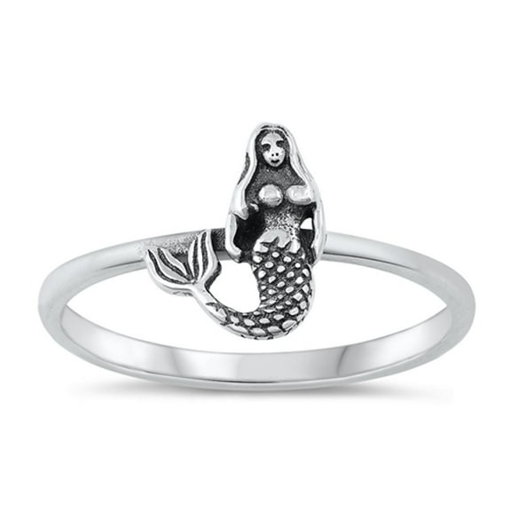 Cute Mermaid Ring 925 High Polished Oxidized Sterling Silver Band Jewelry Female Male Unisex Size 4
