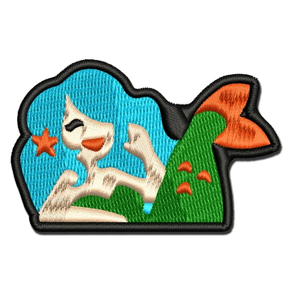 Cute Mermaid Sitting in Pocket Applique Multi-Color Embroidered Hook & Loop Patch - 3 Inch Medium