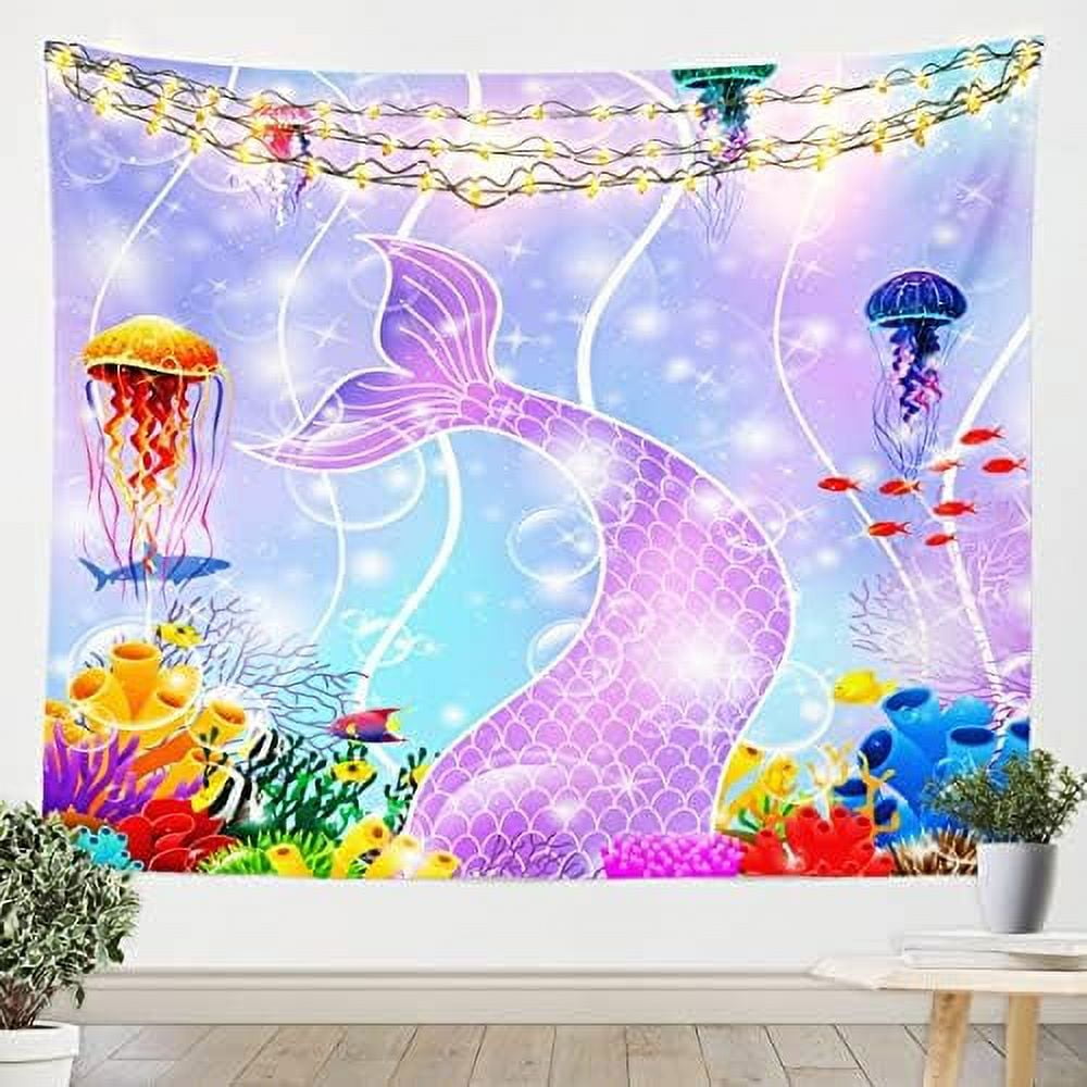 Cute Mermaid Tail Tapestry Kids Girly Kawaii Mermaid Princess Bedroom Living Room Decor Girls Pastel Blue Purple Rainbow Gradient Wall Tapestry Lovely Fish Scales Funny Tapestry 59 x5 Walmart