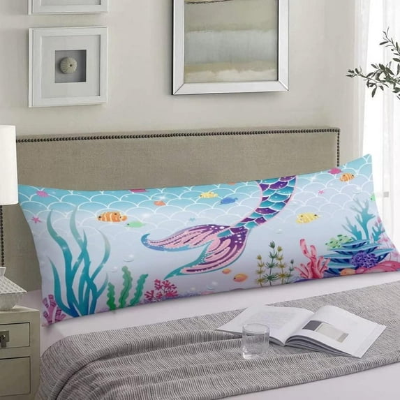 Cute Mermaid Theme Body Pillow Cover Fish Scale Underwater Animal Coral Long Pillow Case Protector with Zipper Decorative Soft Large Pillowcase Covers Cushoned for Bed,Couch,Sofa,Home Gifts 20"x54"