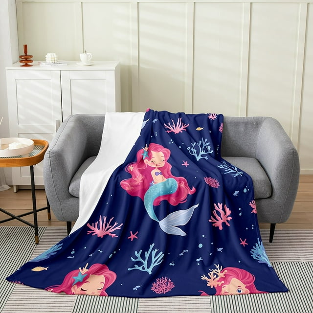 Cute Mermaid Throw Blanket,Girly Princess Mermaid Fleece Blanket,Coastal Coral Starfish Sealife Sherpa Blanket,Mermaid Tail Fuzzy Blanket Bedroom,Dark Blue 40x50