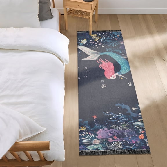 Cute Mermaid in Sea Corals Bedside Runner Rug 2'x 6' Non Slip Carpet Floor Mat Area Rug