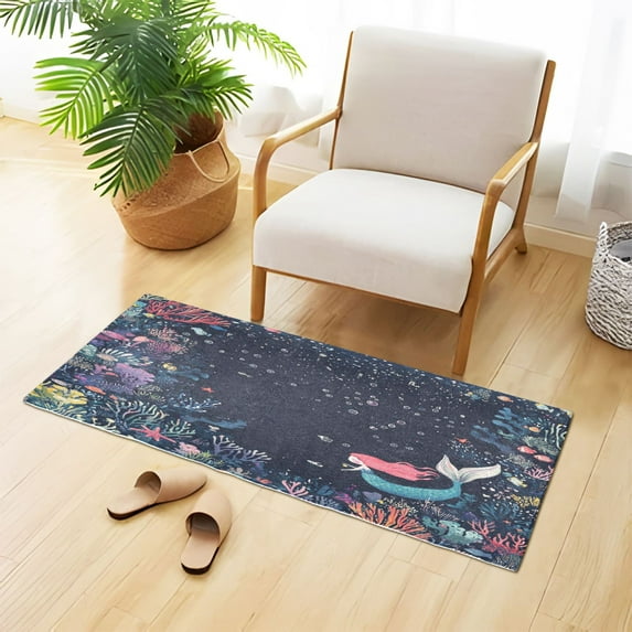 Cute Mermaid in Sea Corals Plush Carpet Non Slip Runner Rug Absorbent Bath Mat 39" x 20"