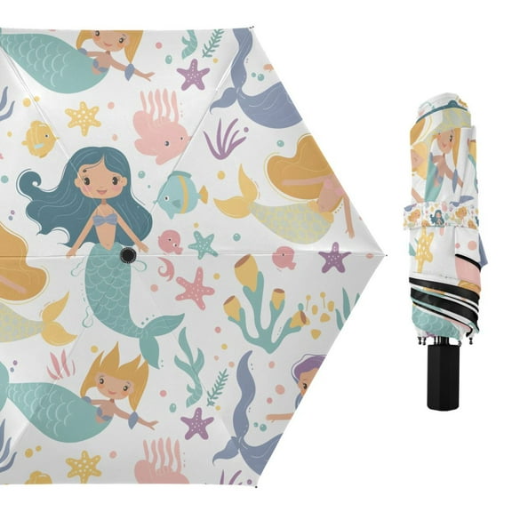 Cute Mermaids and Friends Compact Sun Umbrella Windproof Travel Umbrellas for Rain Strong Portable UV Protection