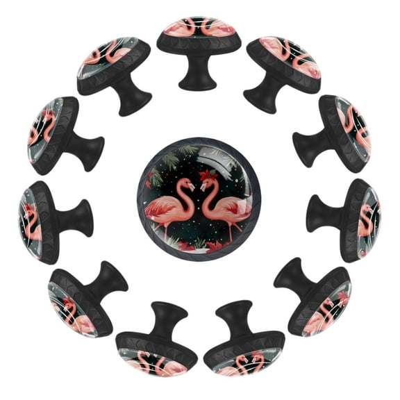 Cute Merry Christmas Flamingos 35MM Round Glass Cabinet Knobs, Kitchen Knobs for Drawer Dresser Cupboard Wardrobe Modern Pulls Handles Hardware, Set of 12