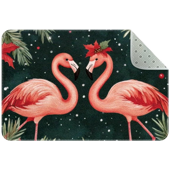 Cute Merry Christmas Flamingos Small Area Rug, Non-Slip Door Mat Indoor Floor Mat, Washable Kitchen Rug Entrance DMat for Bedroom Living Room
