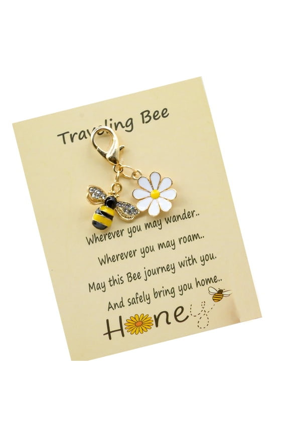 Cute Metal Honeybee Flower Keychain Glittering Rhinestones Accent Stylish Portable Accessory For Women Girls