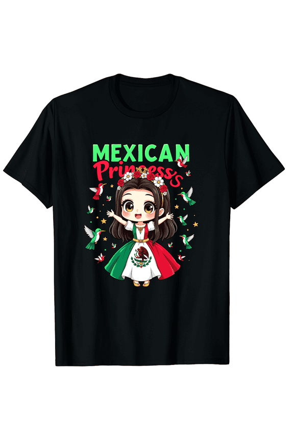Cute Mexican Princess Heritage Pride Graphic Tee Retro Hummingbird Floral Chibi Style Fashion Apparel