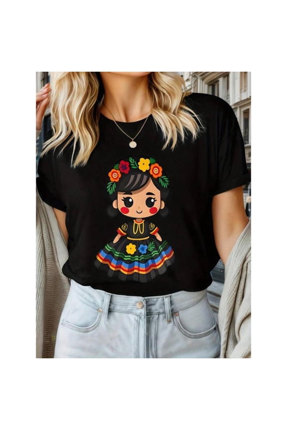Cute Mexican - Themed Graphic Tee, Black Color, Tops Has Cartoon Mexican Girl in Traditional Dress Design, Round Neck Regular Fit T - shirts, Size(S - 5XL)