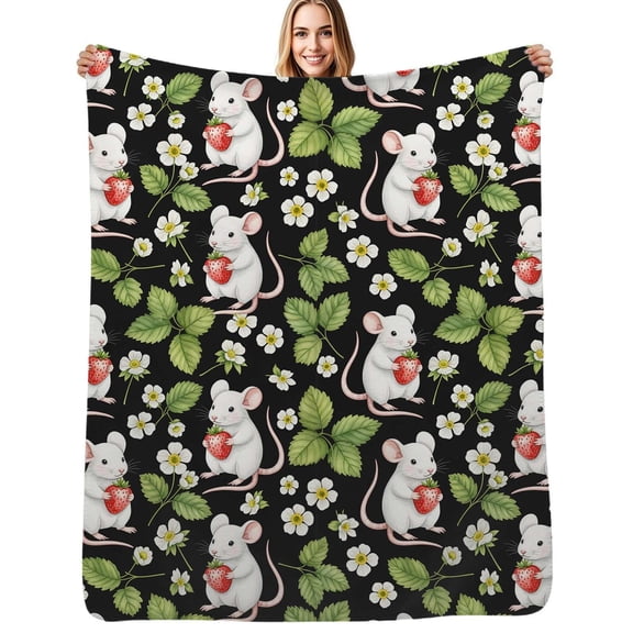 Cute Mice with Strawberries Flannel Blankets Soft Throw Blanket Winter Travel Office Outdoor Bedspread