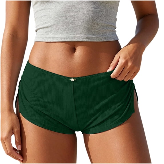 Cute Micro Pajamas Shorts for Women Low Rise Side Slit Ruched Lounge Shorts Pj Bottoms Green L(L)