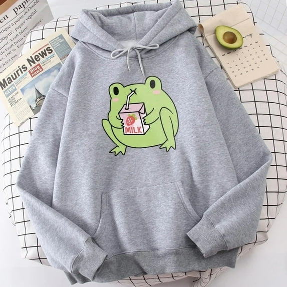 Cute Milk Frog Print Hooded Sweatshirts, Casual Tops, Men Women Daily Hoodies Christmas Clothes (S-3XL)