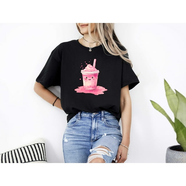 Cute Milk Tea Design With Pink Drink Dessert Vibe Illustration TShirt