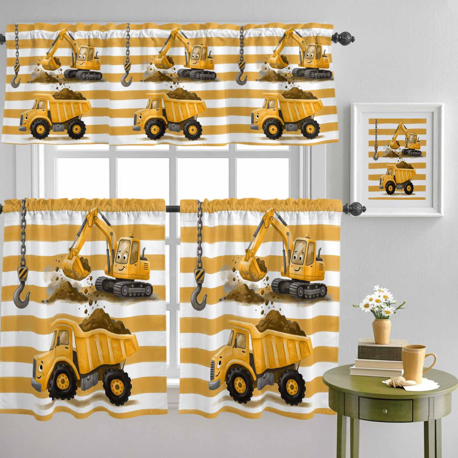Cute Mini Car Ground Truck Excavator Curtain Tier and Valance Set 3 ...