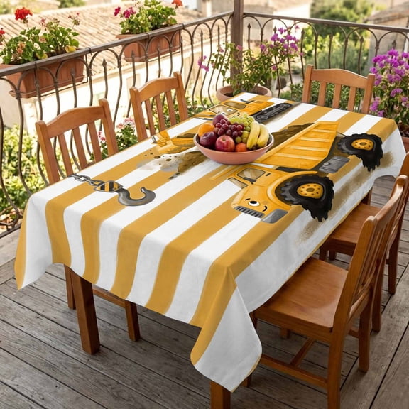 Cute Mini Car Ground Truck Excavator Table Cloth 60x84in, Waterproof Rectangle Tablecloth Wipeable Tablecloths Yellow Striped Table Covers for Dining Tables Party Indoor Outdoor
