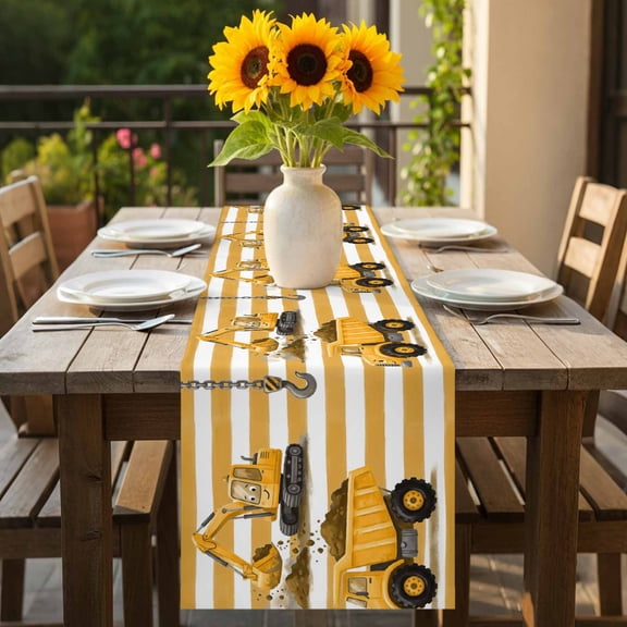 Cute Mini Car Ground Truck Excavator Table Runner 36 Inches Long,Kitchen Dining Tablerunners Yellow Striped Linen Table Runners Dresser Scarves for Home Dinner Wedding Holiday Party Decor