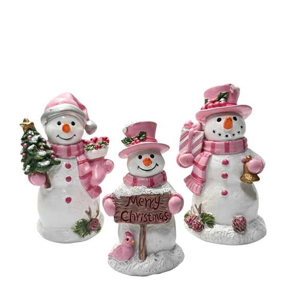 Cute Mini Christmas Snowman Resin Statue, Hand Painted Pink & Blue Snowman with Gifts Tree Sign, Desktop Tabletop Ornament, Beautiful Decor for Shelf, Indoor Winter Christmas Home Holiday