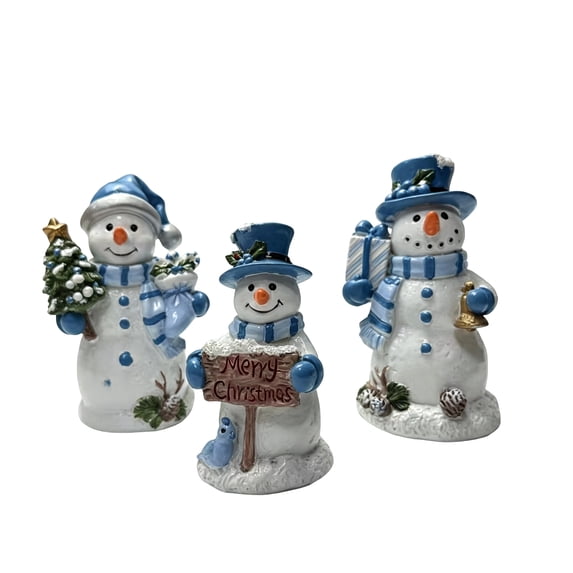 Cute Mini Christmas Snowman Resin Statue, Hand Painted Pink & Blue Snowman with Gifts Tree Sign, Desktop Tabletop Ornament, Beautiful Decor for Shelf, Indoor Winter Christmas Home Holiday
