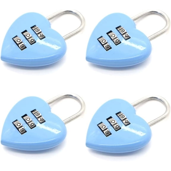 Cute Mini Combination Lock 3 Digit, Love Heart Shape Password Code Locker Padlock for Indoor,Outdoor Blue 4Pcs/Set