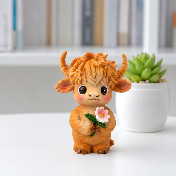 Cute Mini Cow Figurine Holding Flower Resin 12.5x9cm, Highland Cow Statue with Blush Cheeks and Horns, Home Office Desk Decor Gift for Cow Lovers
