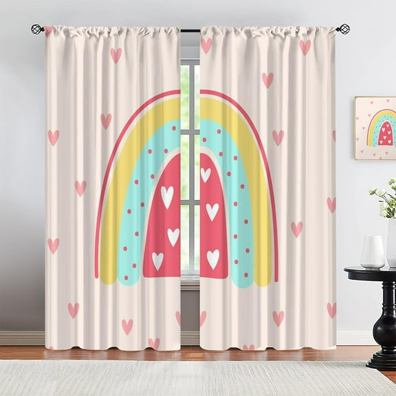Cute Minimalism Pink Curtains, Rainbow Heart Pattern Long Window Drapes, Blackout Thermal Curtain 2 Panel Sets Cold and Warm Insulation for Kids Boys Girls Bedroom Living Room Study-W42xL63in