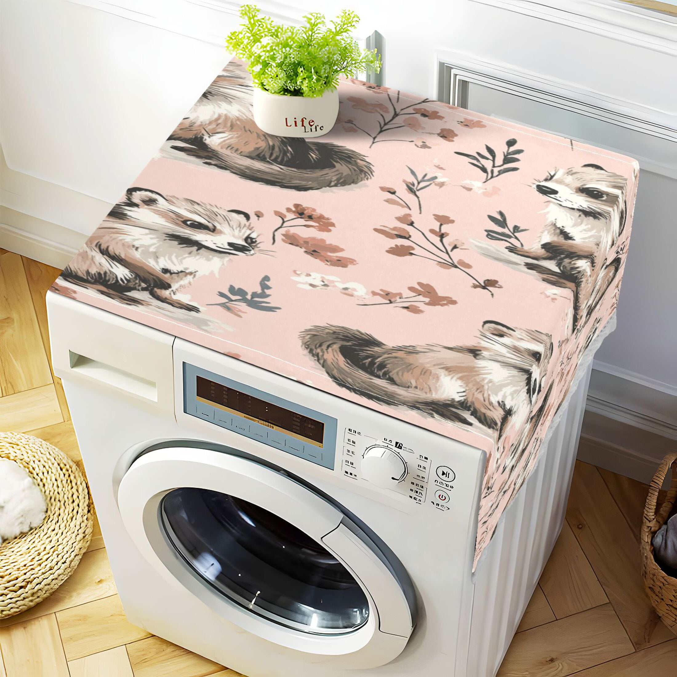 Cute MinkWasher and Dryer Covers Dust-Proof and Oil Resistant Fridge Cover with 4 Storage Pockets Washing Machine Top Cover for Laundry Kitchen Home 51.2 x 22 In
