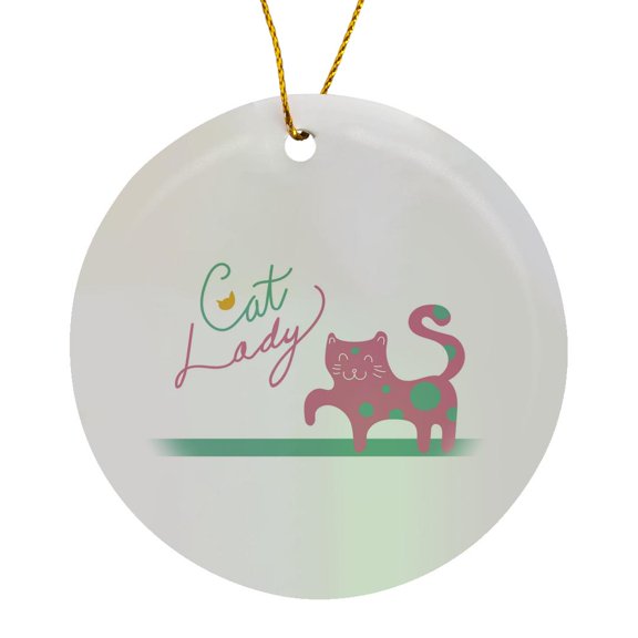 3drose, Cute Mint Pink Kitty Animal Illustration and Typography - Lady Cat, Circle Porcelain Ornament