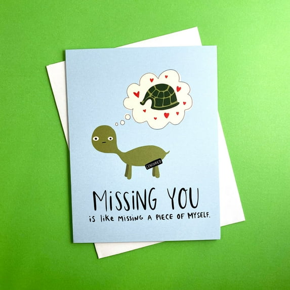 Cute Missing You Card - Adorable Turtle Design with Heart Thought Bubble - Envelope Included, Blank Inside - Perfect for Friends, Family, and Loved Ones